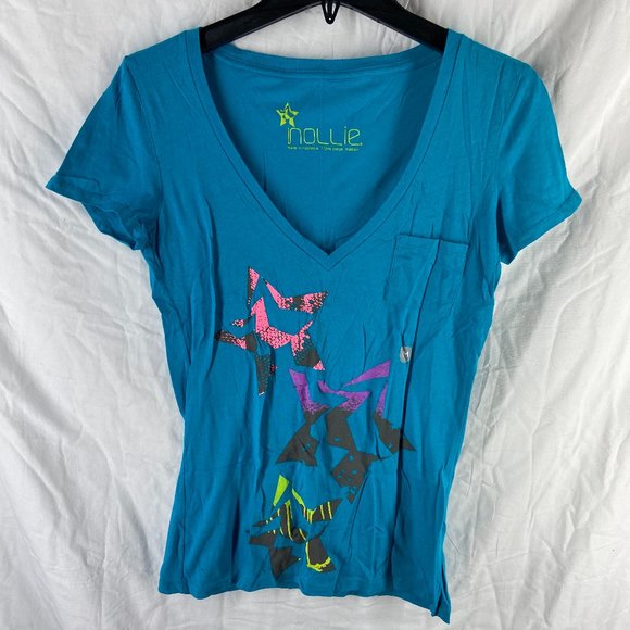 Nollie Blue Teal V-Neck Graphic T-Shirt Size M - Picture 1 of 9